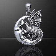 SLUMBERING DRAGON ON MOON SILVER PENDANT